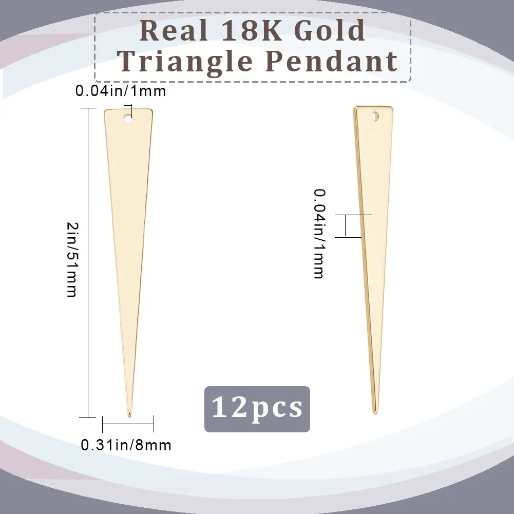 12Pcs Brass Pendants, Triangle, Real 18K Gold Plated, 51x8x1mm, Hole: 1mm