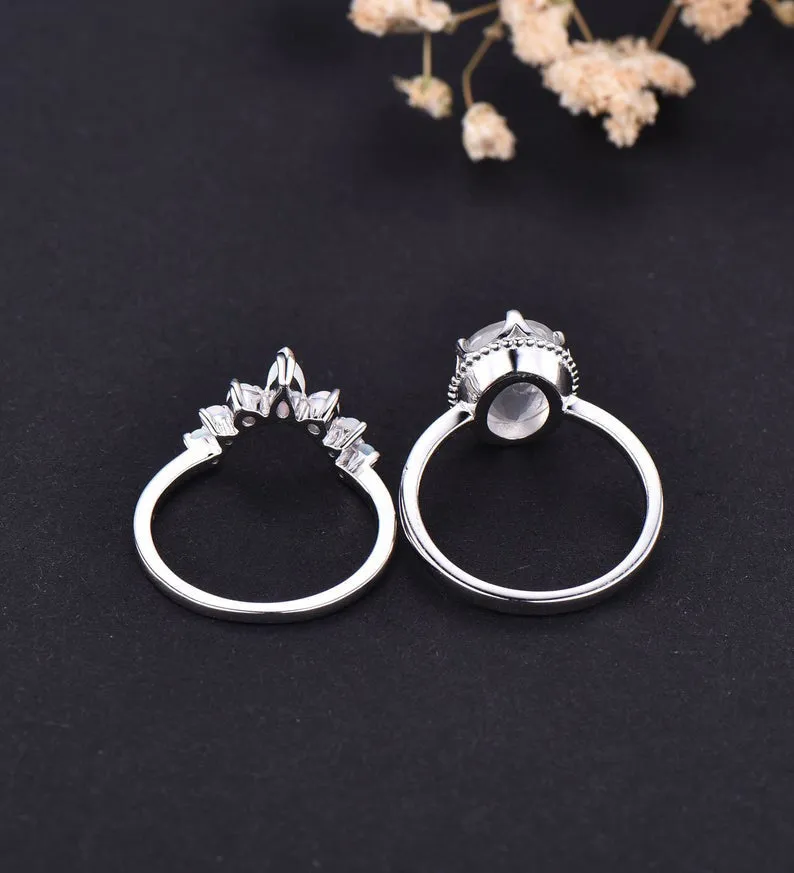 14K/18K Gold Faceted Moonstone Engagement Ring Set