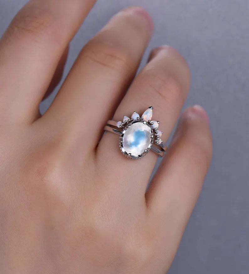 14K/18K Gold Faceted Moonstone Engagement Ring Set