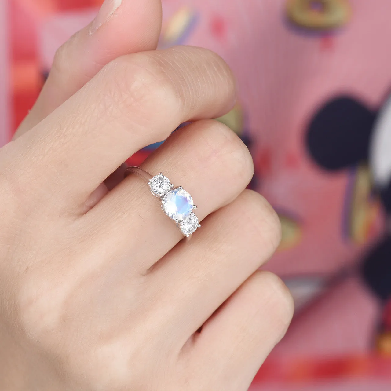 14K/18K Gold Moonstone And Moissanite Engagement Ring Three Stone