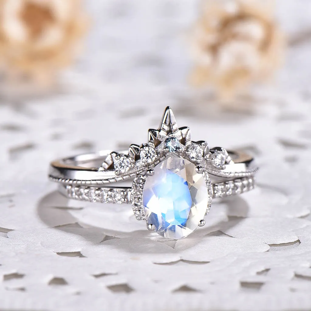 14K/18K Gold Oval Moonstone Diamond Art Deco Unique Engagement Ring Set