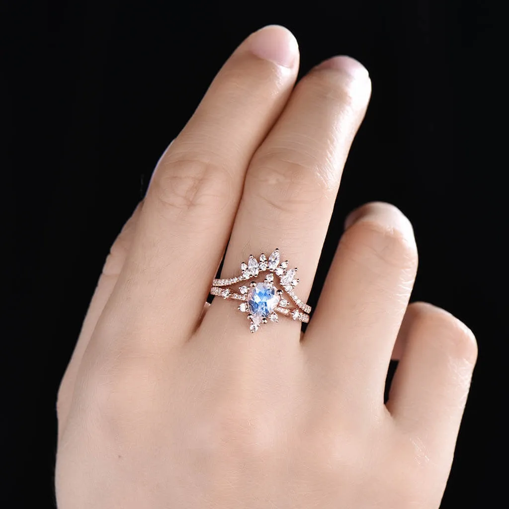 14K/18K Gold Pear Shaped Moonstone Diamond Art Deco Engagement Ring Set