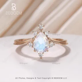 14K/18K Gold Vintage Rainbow Blue Moonstone Engagement Ring Unique
