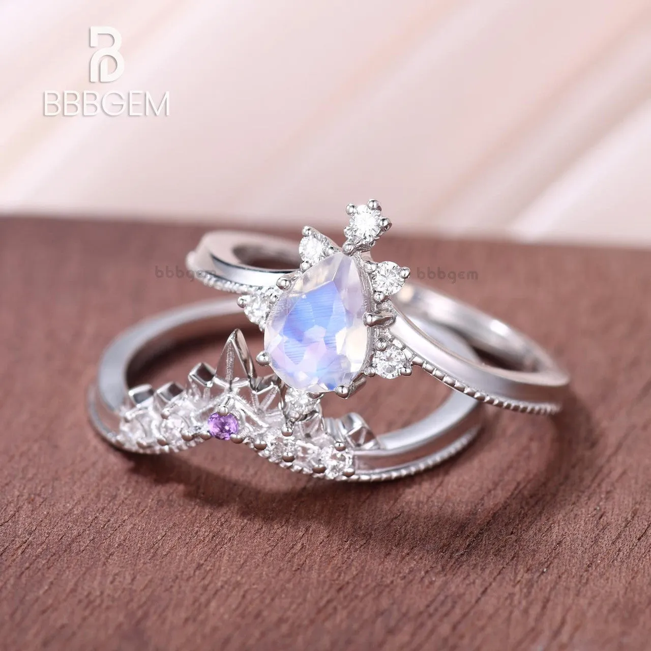 14K/18K Rose Gold Rainbow Moonstone Art Deco Bridal Set Diamond And Amethyst