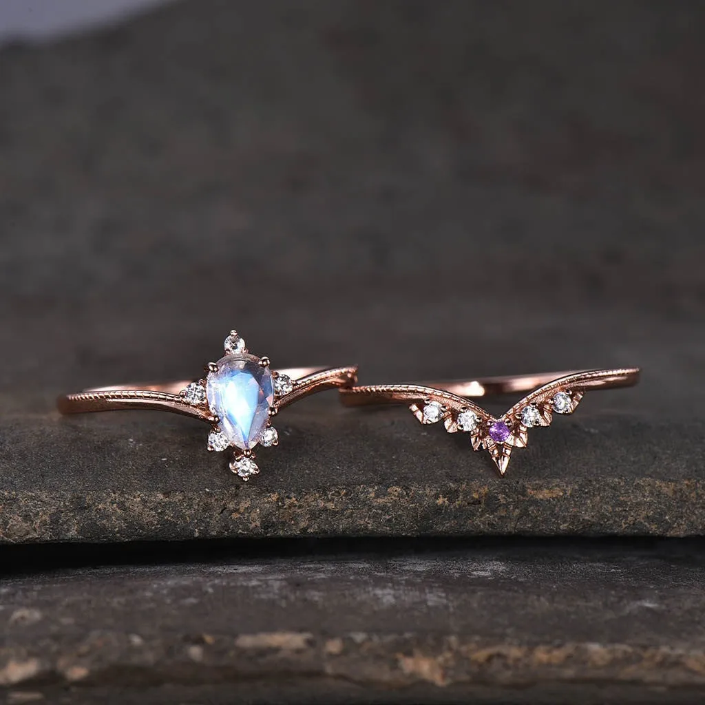 14K/18K Rose Gold Rainbow Moonstone Art Deco Bridal Set Diamond And Amethyst