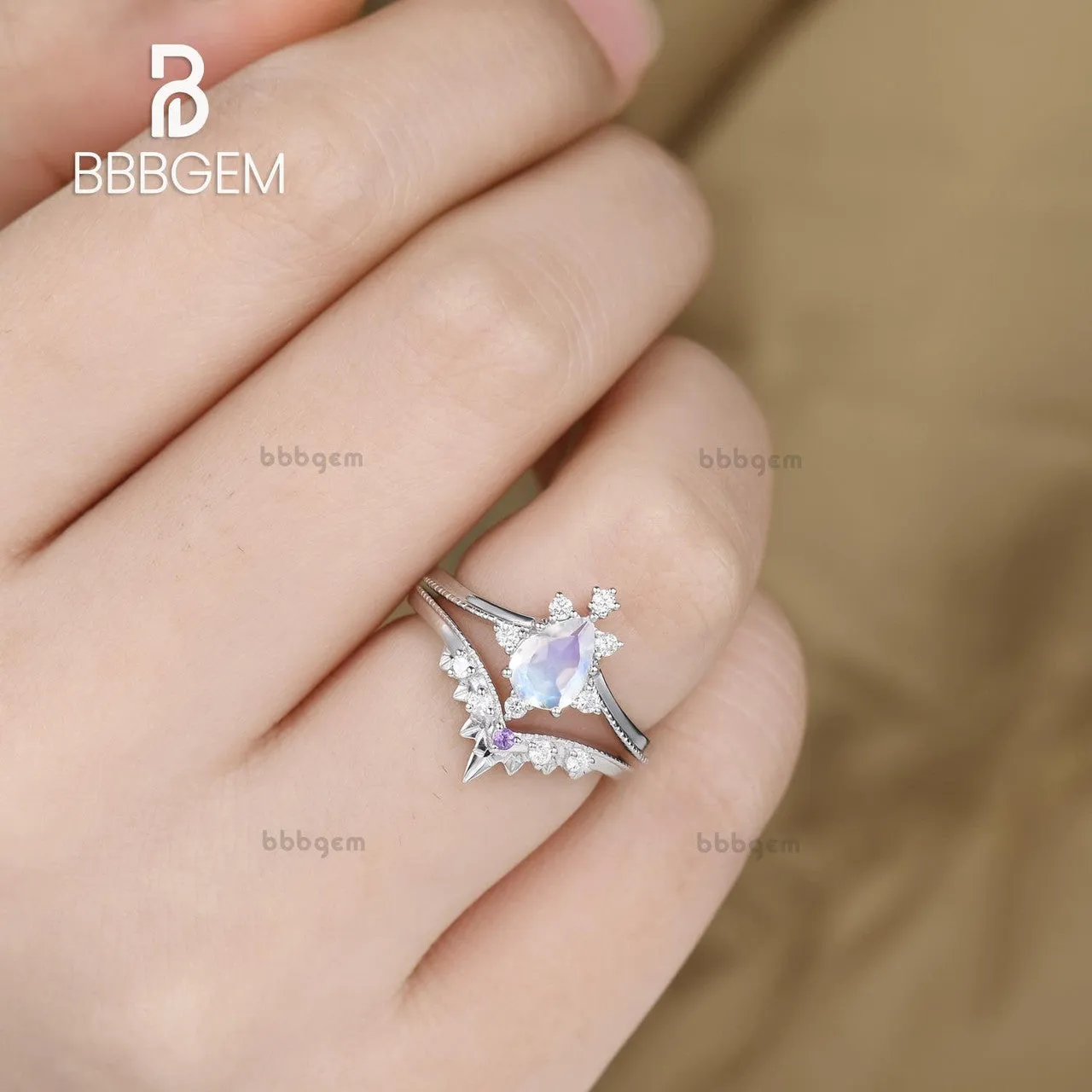 14K/18K Rose Gold Rainbow Moonstone Art Deco Bridal Set Diamond And Amethyst