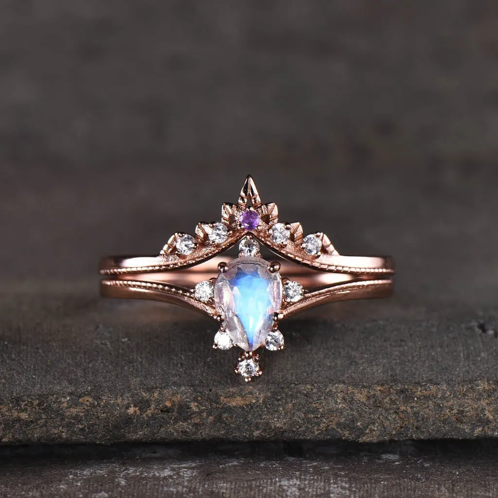 14K/18K Rose Gold Rainbow Moonstone Art Deco Bridal Set Diamond And Amethyst