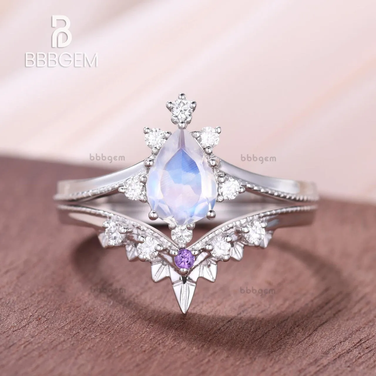 14K/18K Rose Gold Rainbow Moonstone Art Deco Bridal Set Diamond And Amethyst