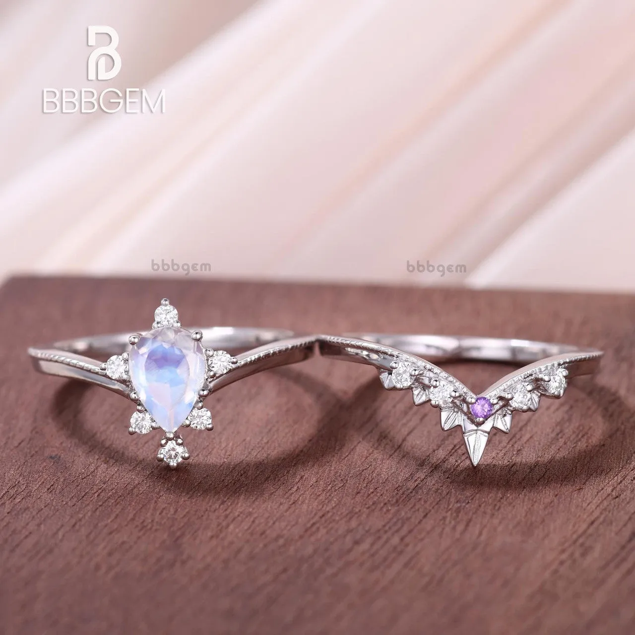 14K/18K Rose Gold Rainbow Moonstone Art Deco Bridal Set Diamond And Amethyst