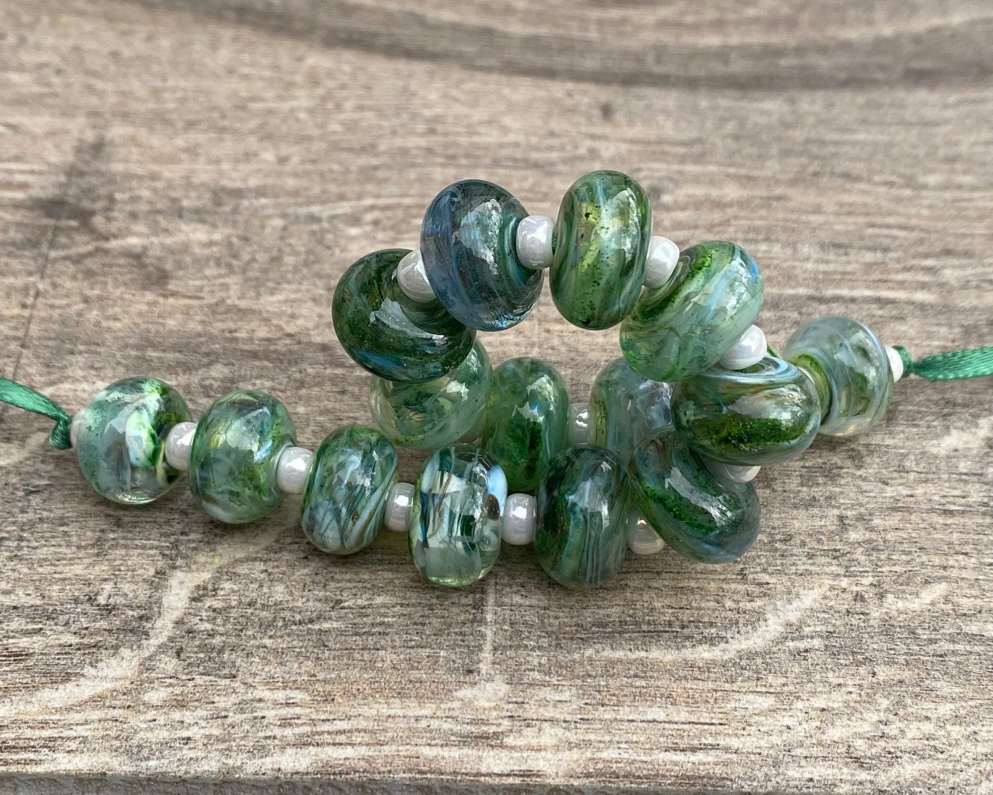 16 Green Mist Lampwork Beads Set SRA