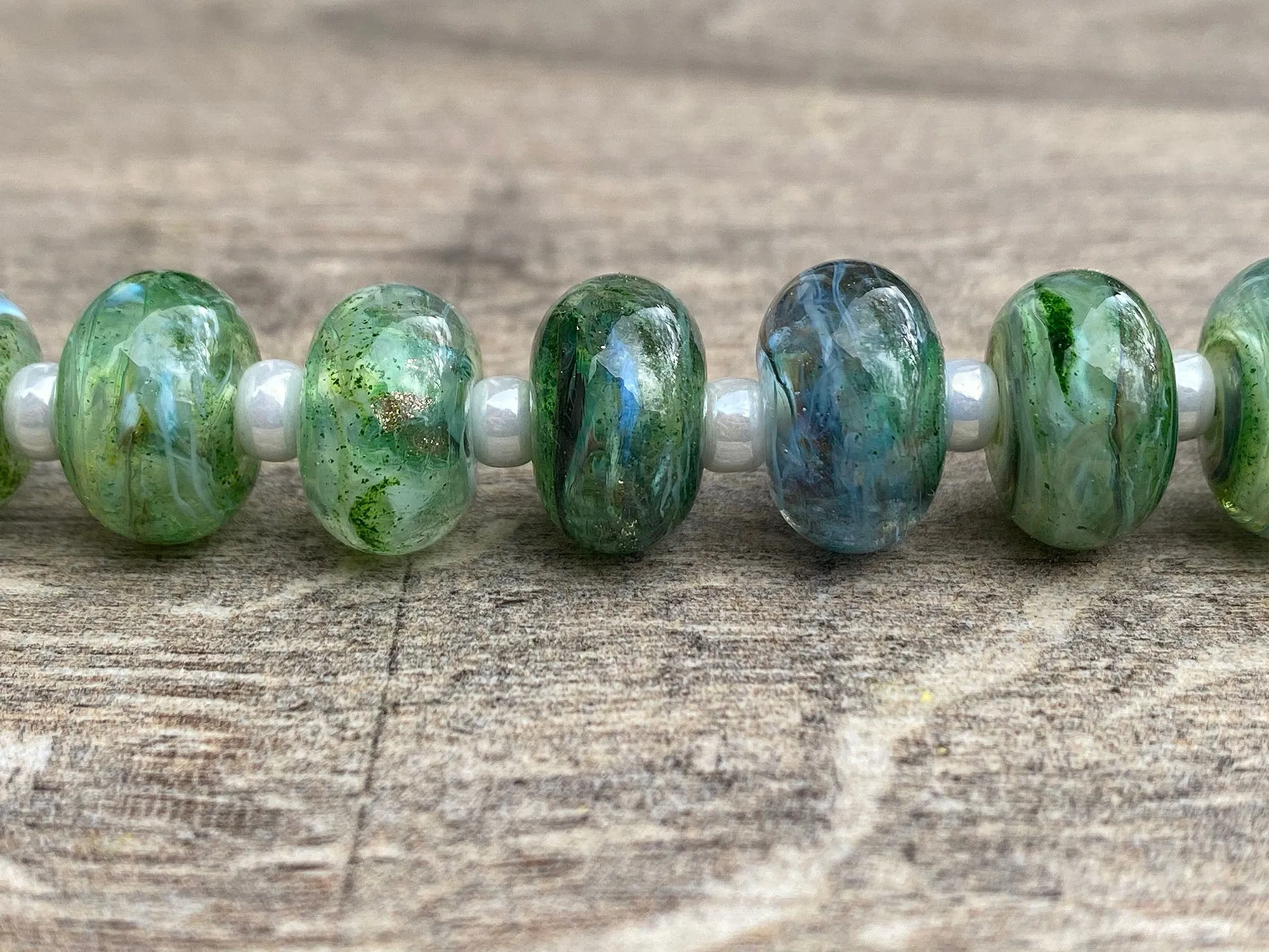 16 Green Mist Lampwork Beads Set SRA