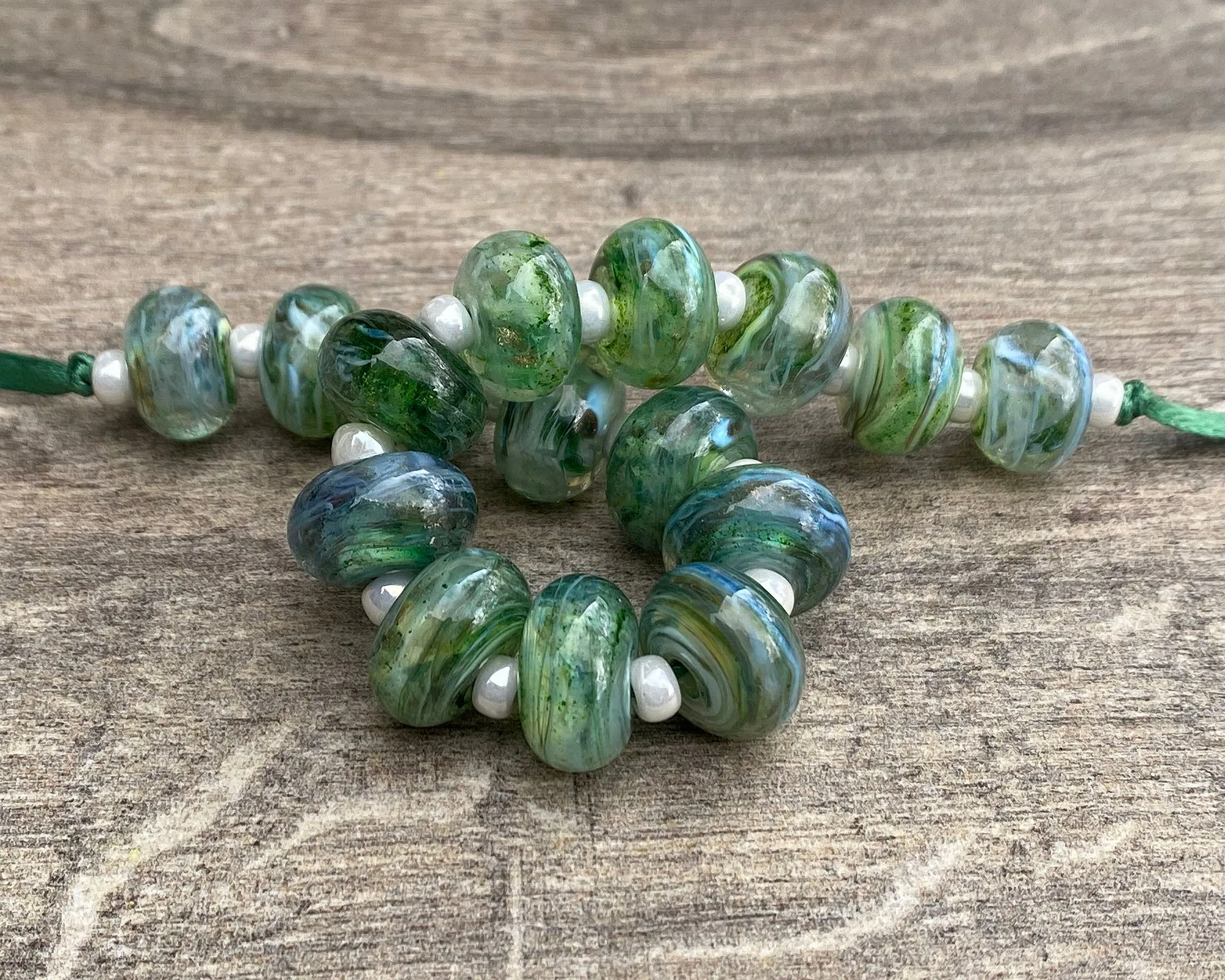16 Green Mist Lampwork Beads Set SRA