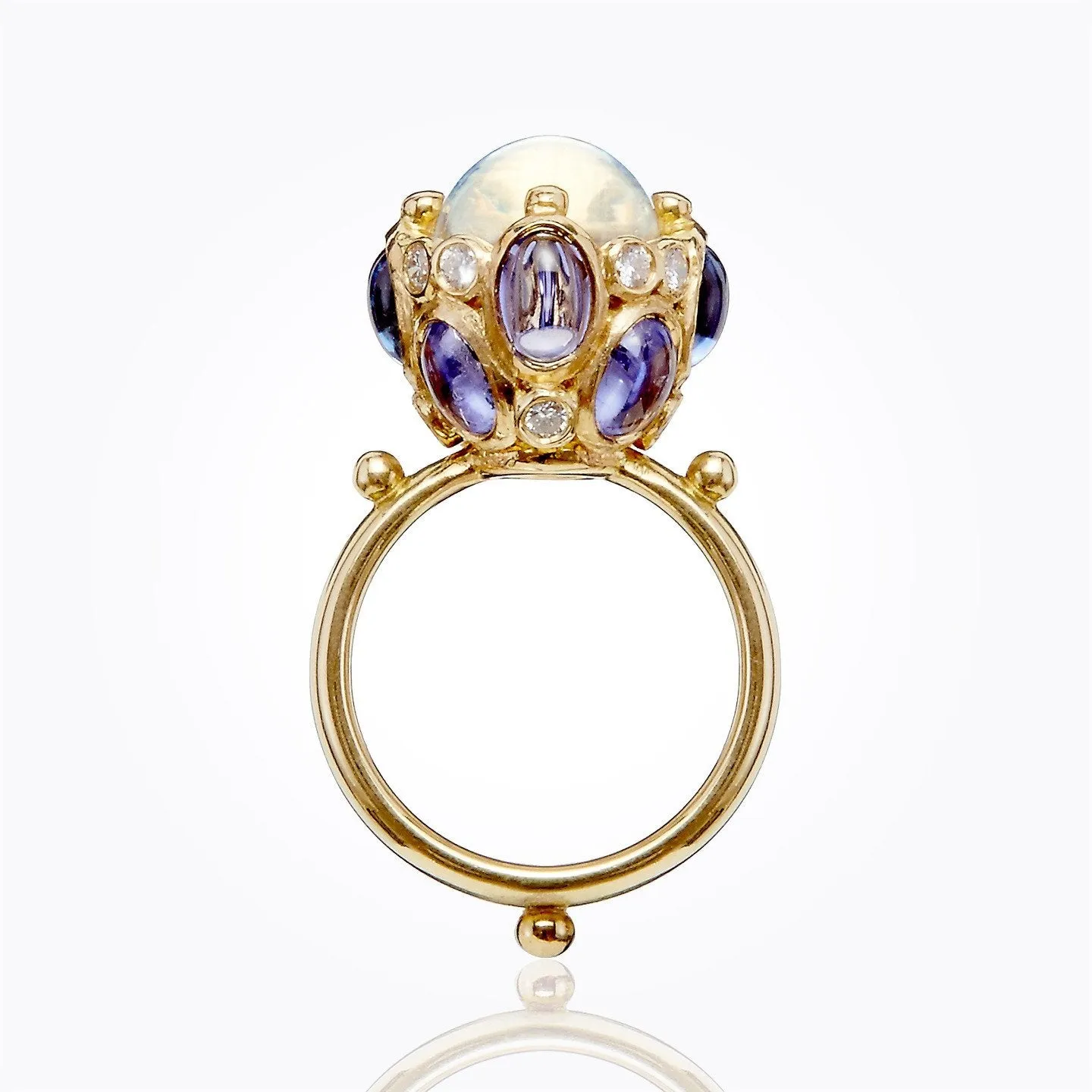 18K Cluster Ring with Royal Blue Moonstone, tanzanite and diamond
