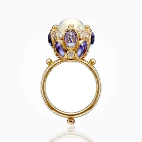 18K Cluster Ring with Royal Blue Moonstone, tanzanite and diamond