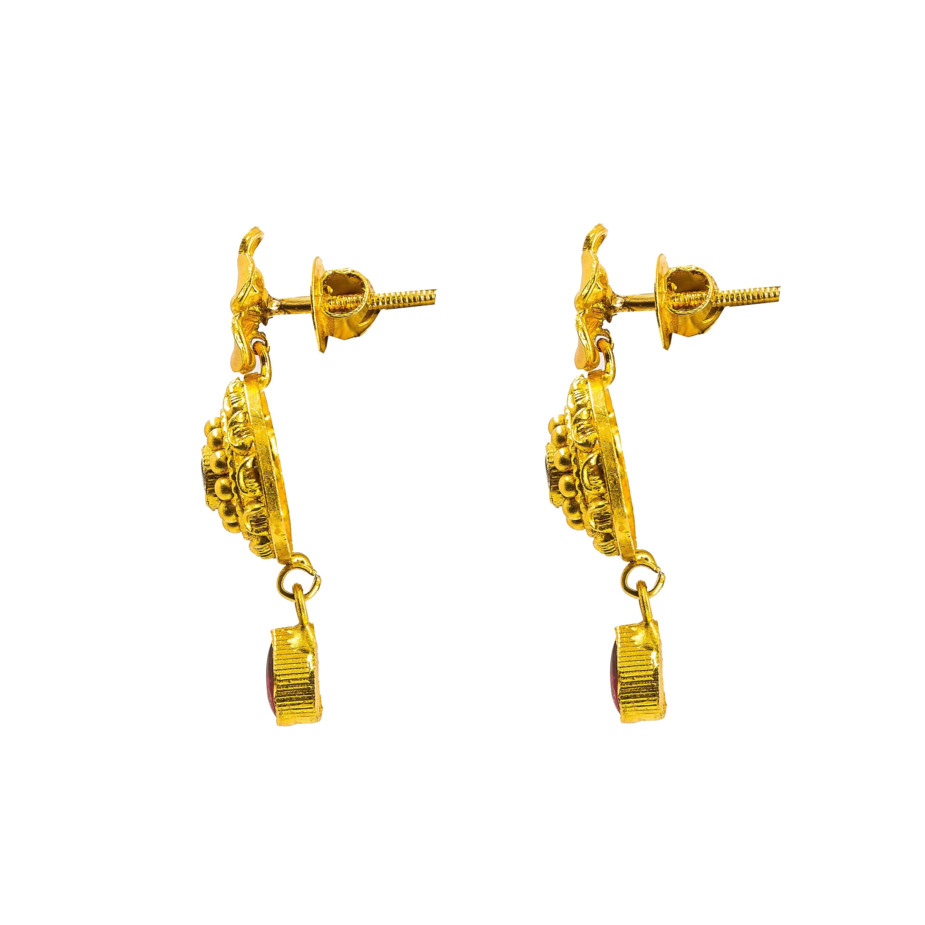 22K Yellow Gold Necklace & Earrings Set W/ Kundan & Matte Finish Round Pendants