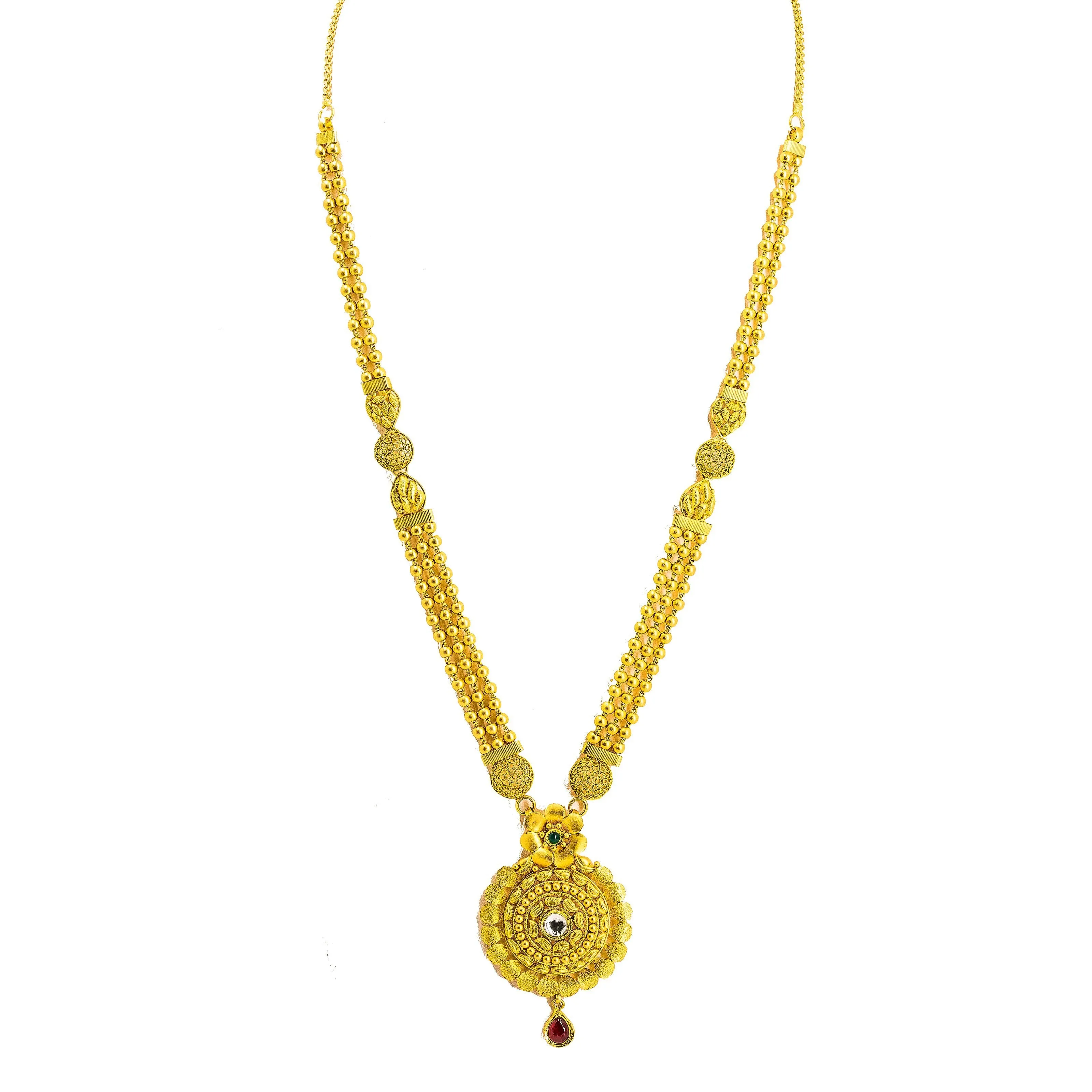 22K Yellow Gold Necklace & Earrings Set W/ Kundan & Matte Finish Round Pendants