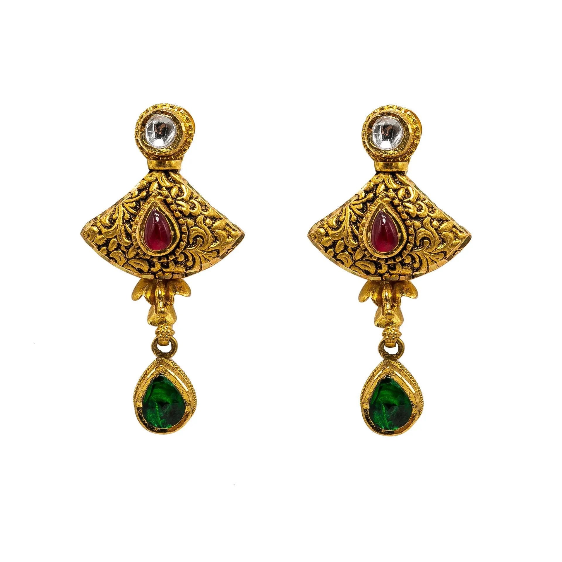 22K Yellow Gold Necklace & Earrings Set W/ Rubies, Emeralds, Kundan & Engraved Skirthem Pendants