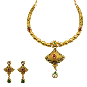 22K Yellow Gold Necklace & Earrings Set W/ Rubies, Emeralds, Kundan & Engraved Skirthem Pendants