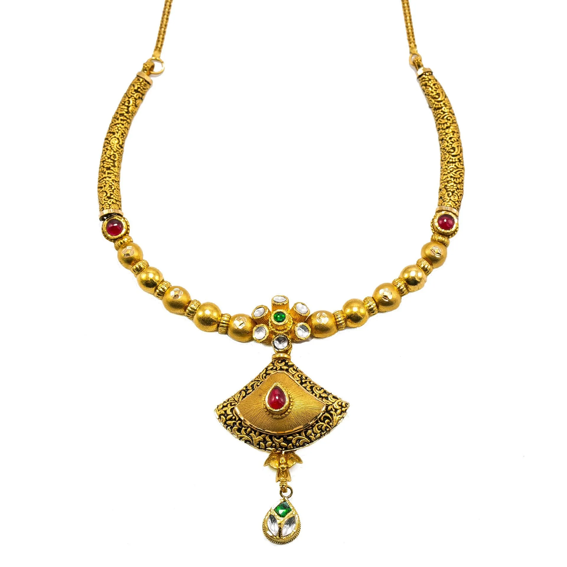 22K Yellow Gold Necklace & Earrings Set W/ Rubies, Emeralds, Kundan & Engraved Skirthem Pendants