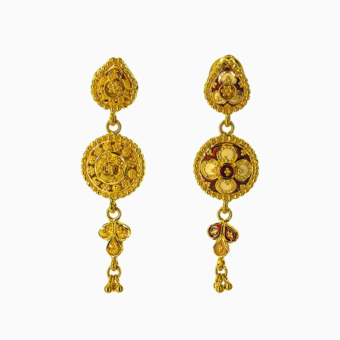 22K Yellow Gold Necklace and Earrings Set W/ Red Enamel & Reversible Round Pendants