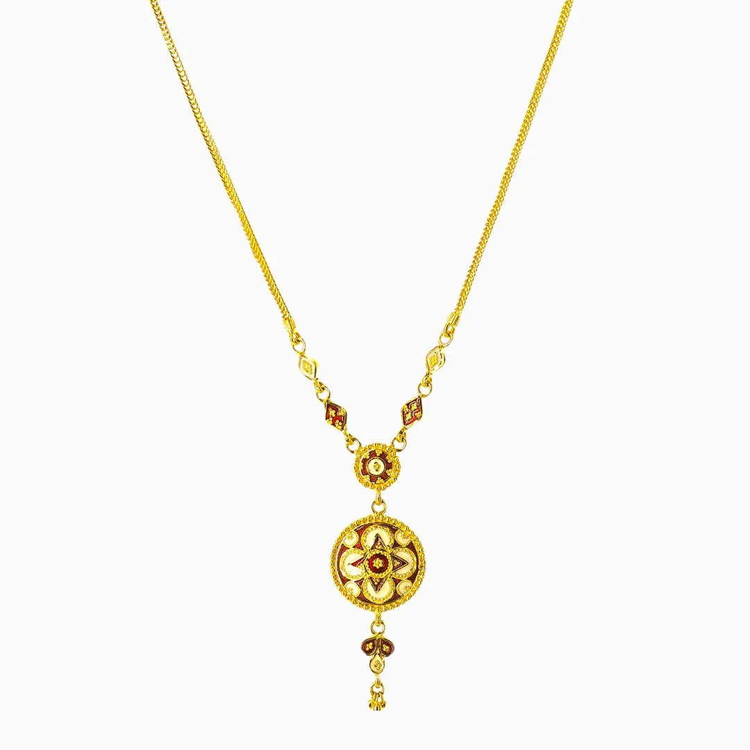 22K Yellow Gold Necklace and Earrings Set W/ Red Enamel & Reversible Round Pendants