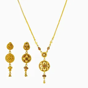 22K Yellow Gold Necklace and Earrings Set W/ Red Enamel & Reversible Round Pendants