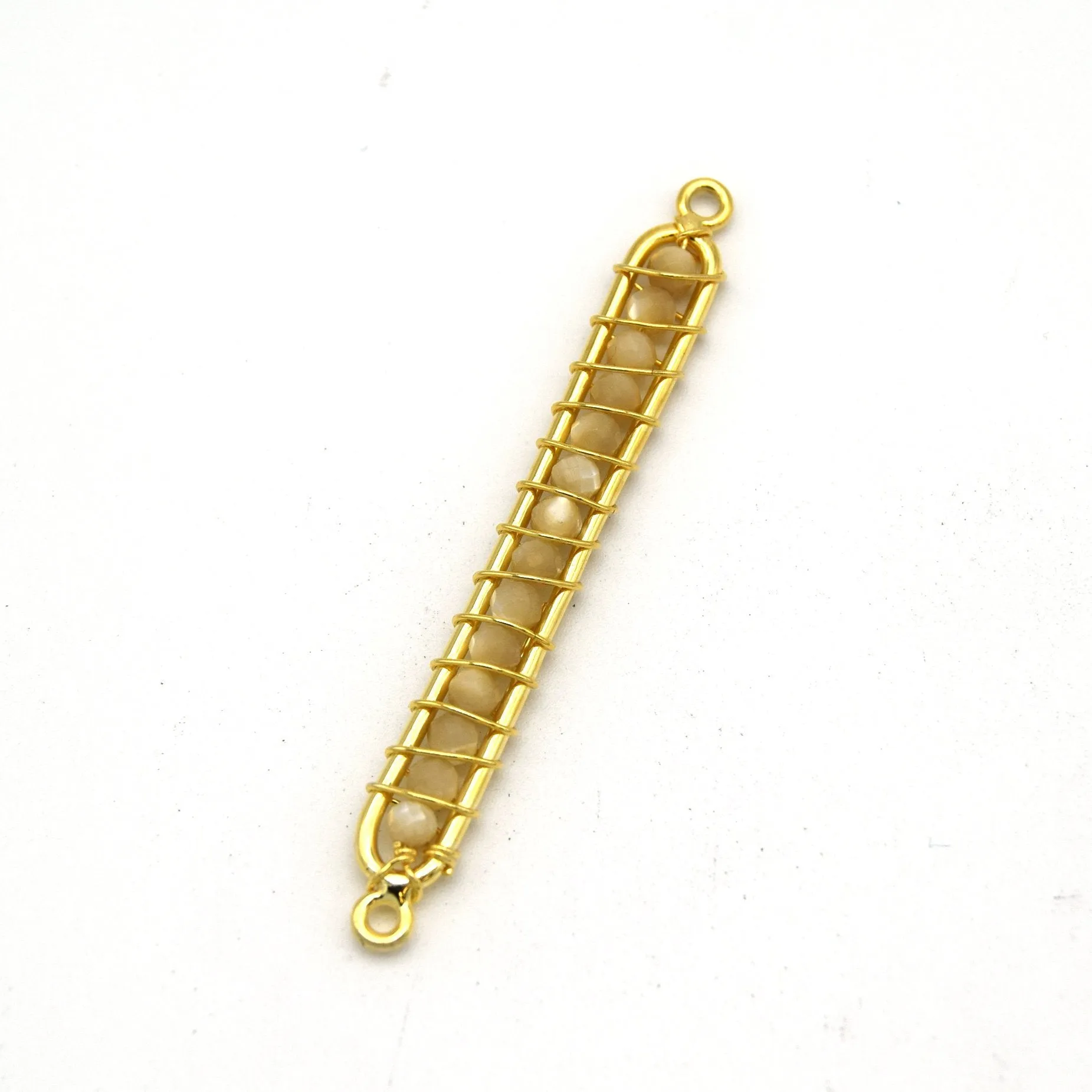 42mm x 4mm Gold Wire Wrapped Gray Moonstone Bead Inclosure Pendant/Connector