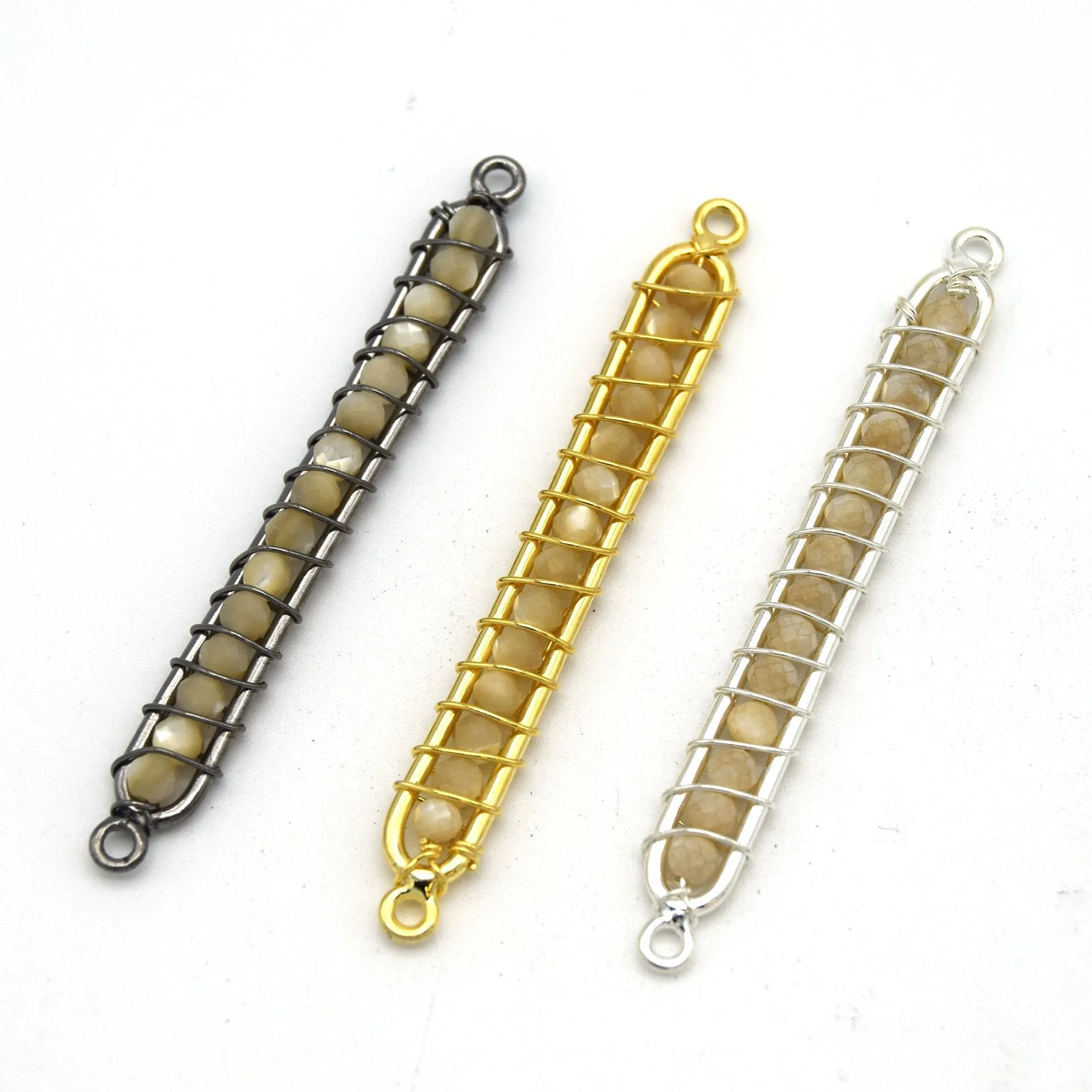 42mm x 4mm Gold Wire Wrapped Gray Moonstone Bead Inclosure Pendant/Connector