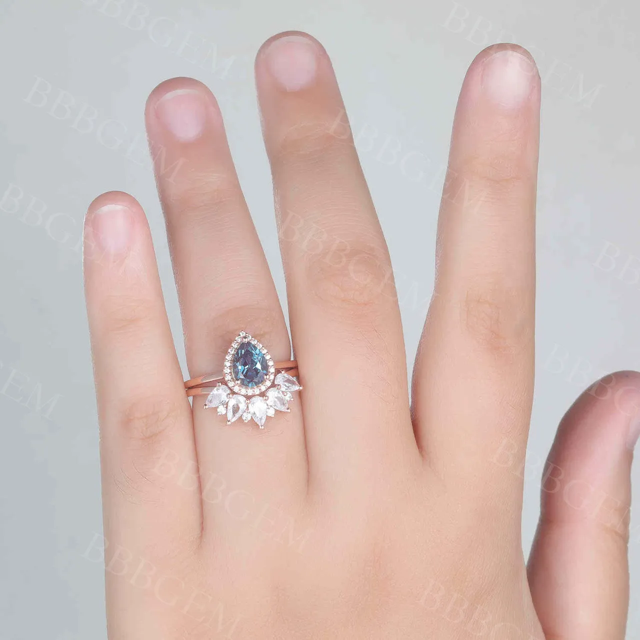 Alexandrite Bridal Set Unique Moonstone Band Marquise Pear shaped Bridal set