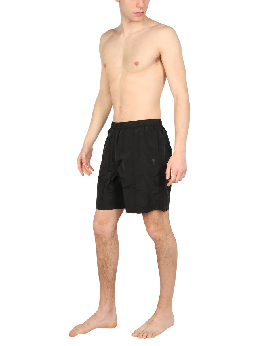 AMI Logo Embossed Elastic Waistband Swim Shorts