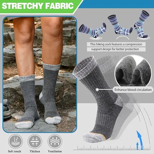 ANTSANG Merino Wool Hiking Socks for Men & Women Thermal Warm Winter Thick Cozy Athletic Crew Work Boot Gift Socks Stocking Stuffers 5 Pairs(Blue Stripes,M)