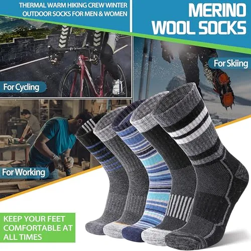 ANTSANG Merino Wool Hiking Socks for Men & Women Thermal Warm Winter Thick Cozy Athletic Crew Work Boot Gift Socks Stocking Stuffers 5 Pairs(Blue Stripes,M)
