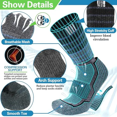 ANTSANG Merino Wool Hiking Socks for Men & Women Thermal Warm Winter Thick Cozy Athletic Crew Work Boot Gift Socks Stocking Stuffers 5 Pairs(Blue Stripes,M)
