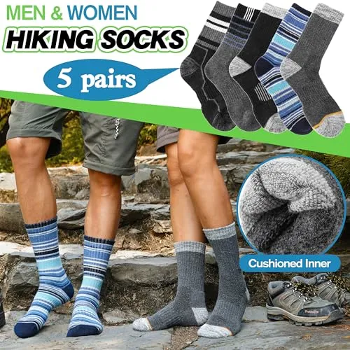 ANTSANG Merino Wool Hiking Socks for Men & Women Thermal Warm Winter Thick Cozy Athletic Crew Work Boot Gift Socks Stocking Stuffers 5 Pairs(Blue Stripes,M)