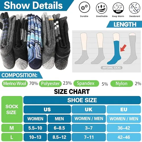 ANTSANG Merino Wool Hiking Socks for Men & Women Thermal Warm Winter Thick Cozy Athletic Crew Work Boot Gift Socks Stocking Stuffers 5 Pairs(Blue Stripes,M)