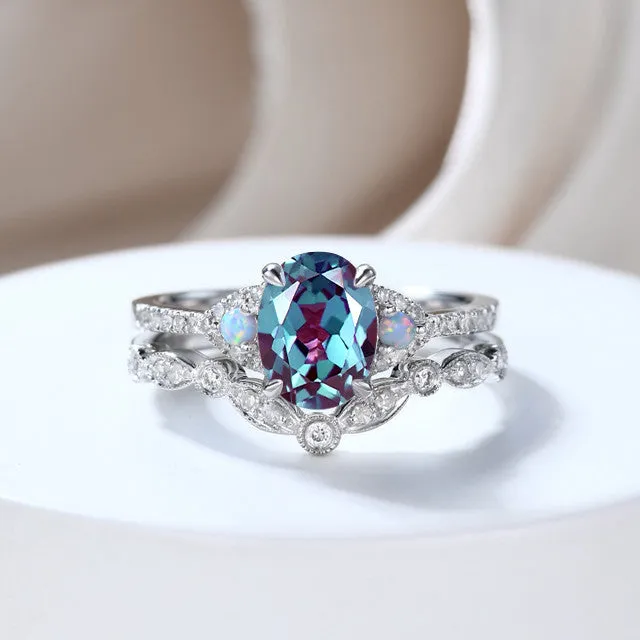 Art Deco Alexandrite Silver Ring Set Curved Moissanite Diamond Wedding Band Oval Cut Alexandrite Jewelry
