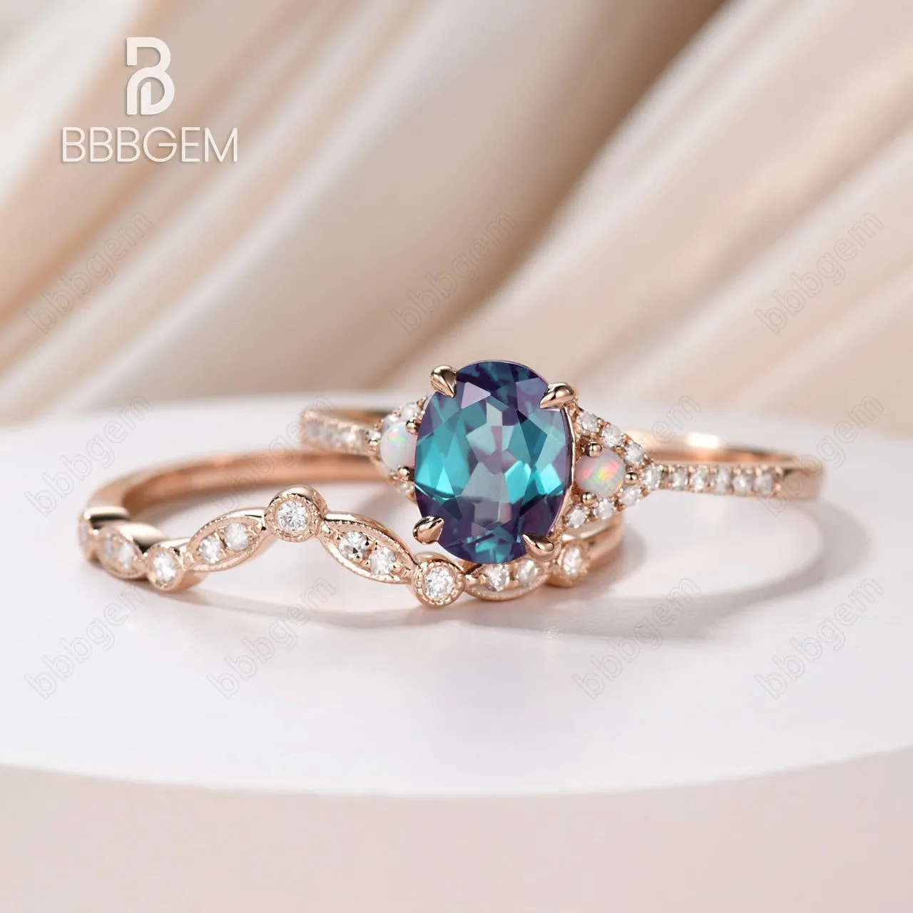 Art Deco Alexandrite Silver Ring Set Curved Moissanite Diamond Wedding Band Oval Cut Alexandrite Jewelry