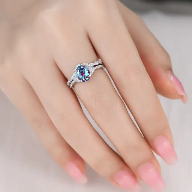 Art Deco Alexandrite Silver Ring Set Curved Moissanite Diamond Wedding Band Oval Cut Alexandrite Jewelry