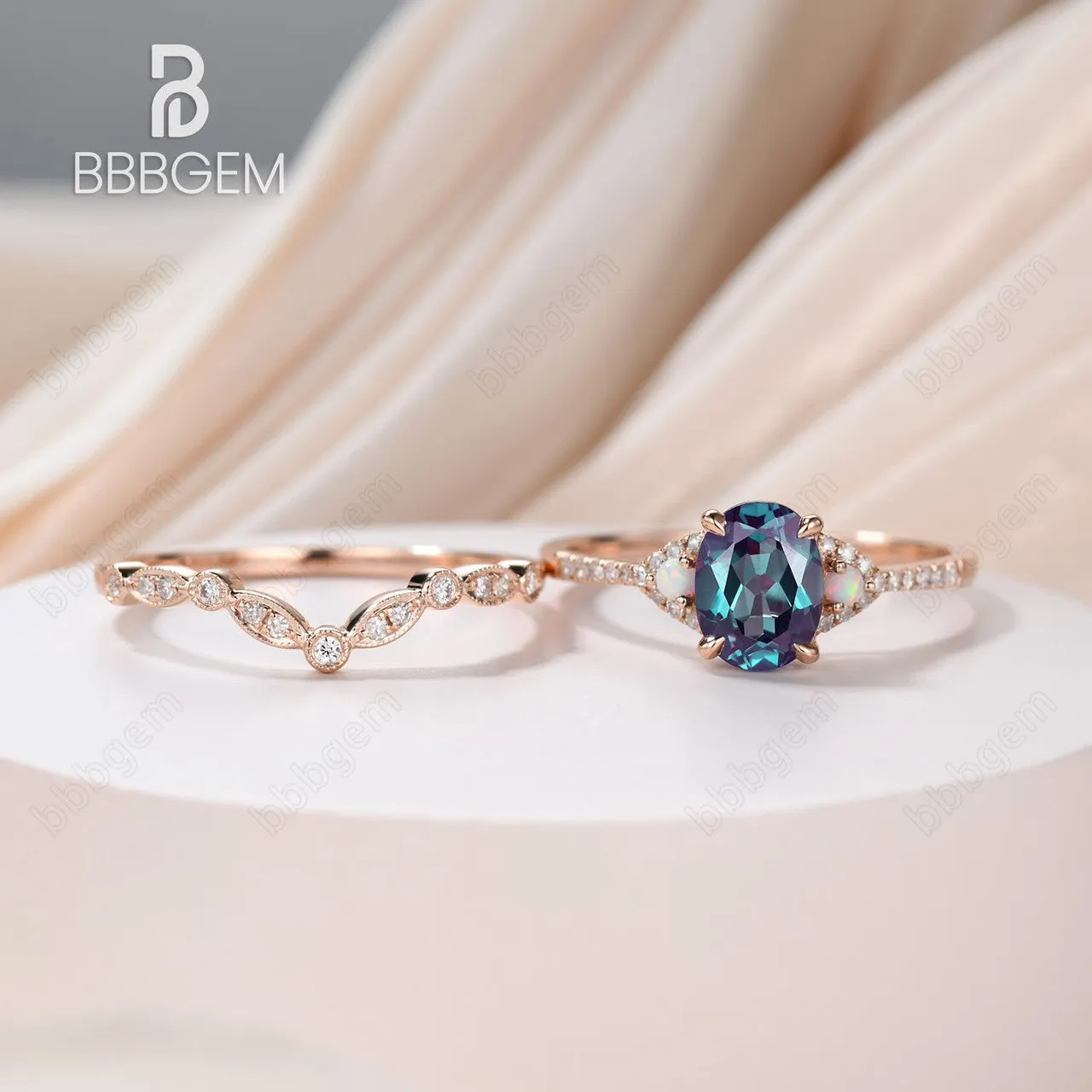Art Deco Alexandrite Silver Ring Set Curved Moissanite Diamond Wedding Band Oval Cut Alexandrite Jewelry