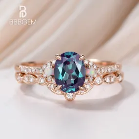 Art Deco Alexandrite Silver Ring Set Curved Moissanite Diamond Wedding Band Oval Cut Alexandrite Jewelry
