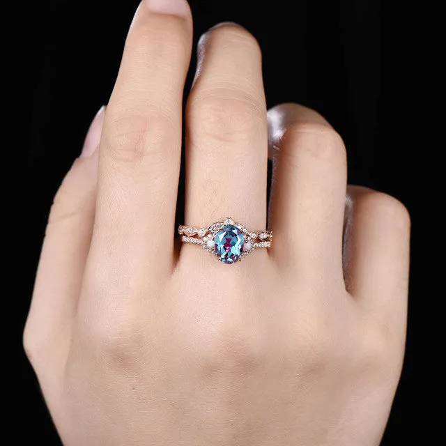 Art Deco Alexandrite Silver Ring Set Curved Moissanite Diamond Wedding Band Oval Cut Alexandrite Jewelry