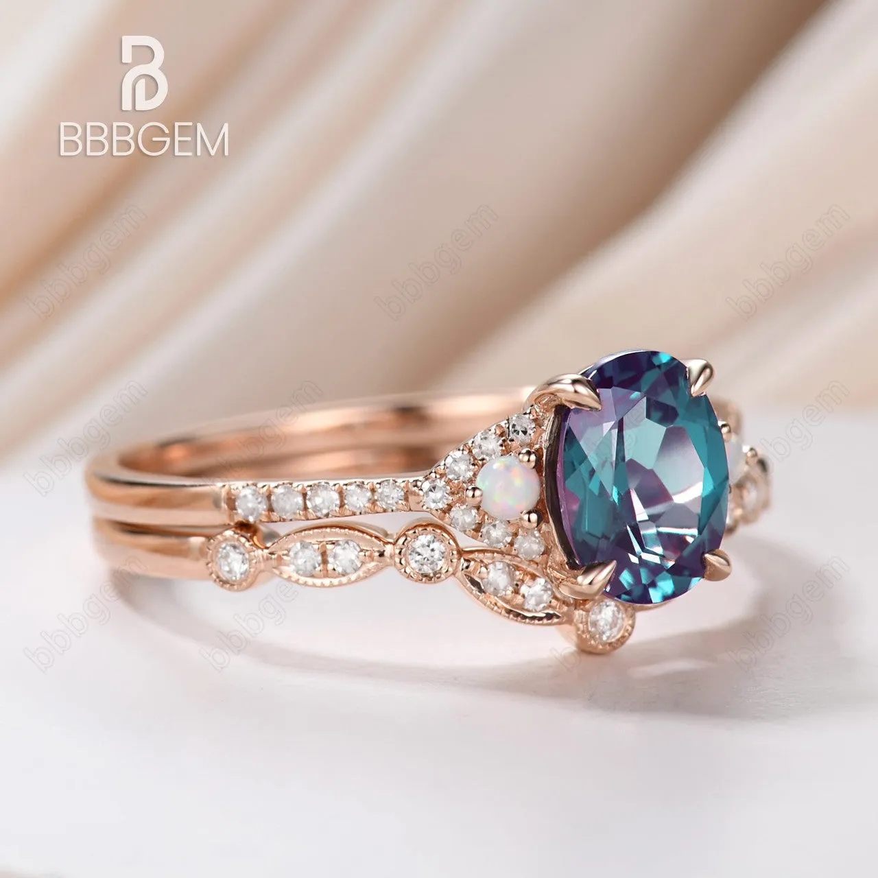 Art Deco Alexandrite Silver Ring Set Curved Moissanite Diamond Wedding Band Oval Cut Alexandrite Jewelry