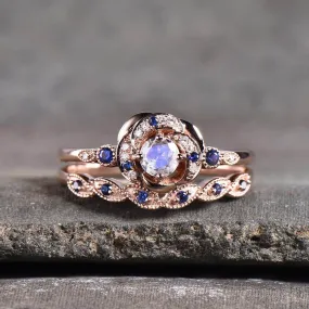 Art deco Milgrain Flower Moonstone Engagement Ring Set-HRa008