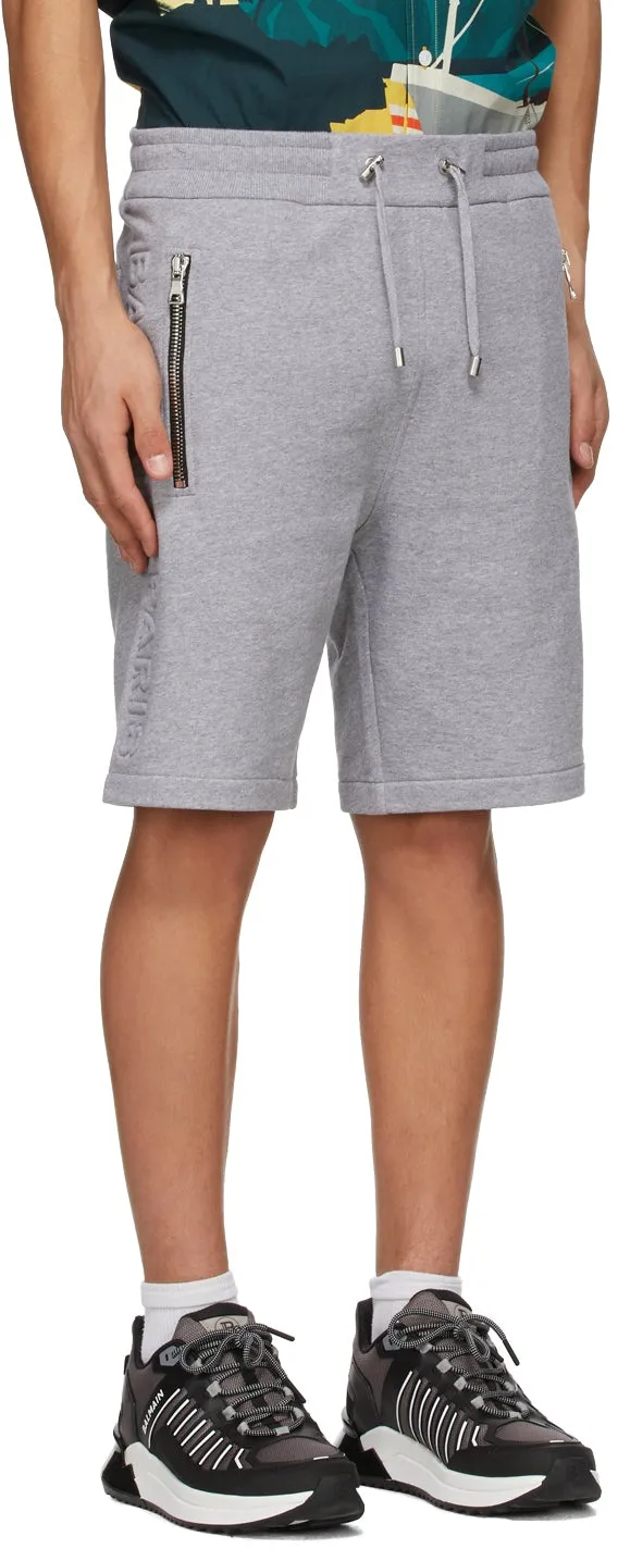 Balmain Grey Embossed Logo Shorts