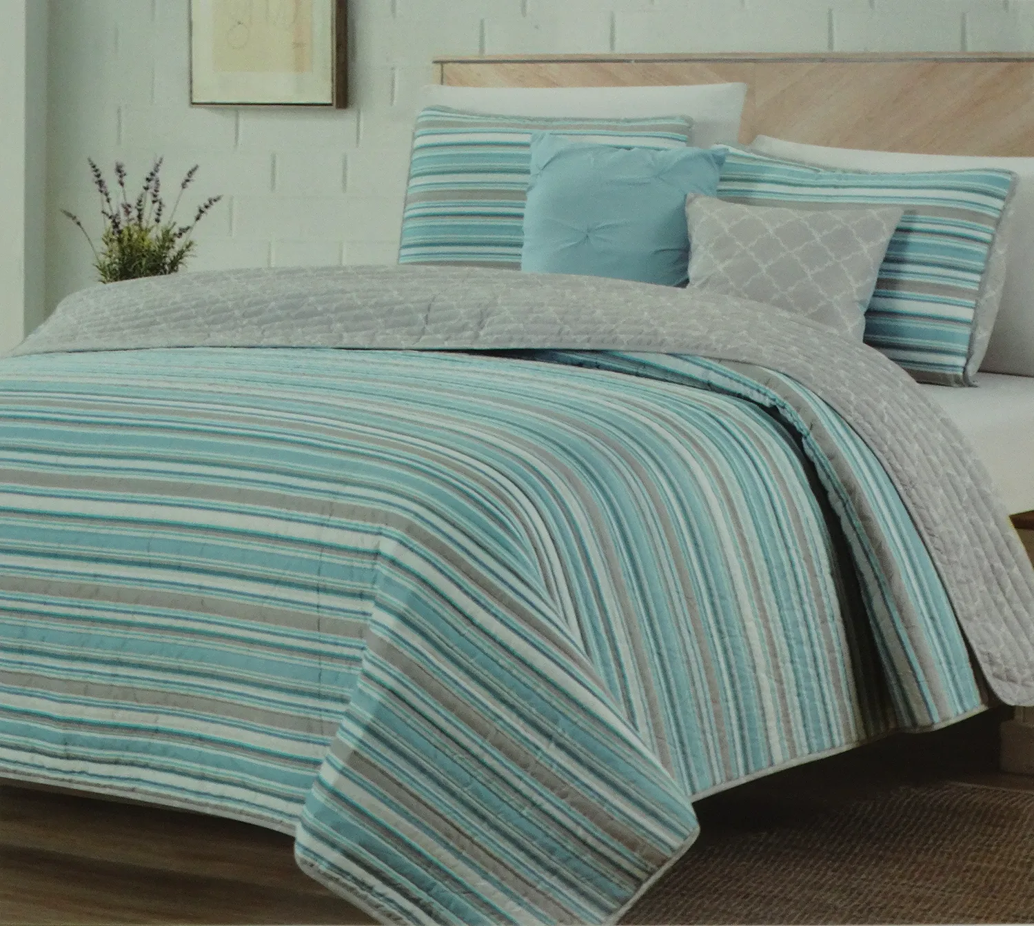 BCSFQ38217, Coral Ville - Keywest 5Pc Full/Queen Quilt Set - Mineral Blue
