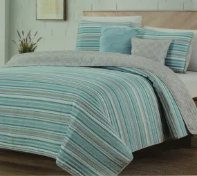 BCSFQ38217, Coral Ville - Keywest 5Pc Full/Queen Quilt Set - Mineral Blue