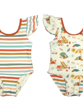 Beach One Piece Swimsuit - Beach Day/Coral Stripe Reversible