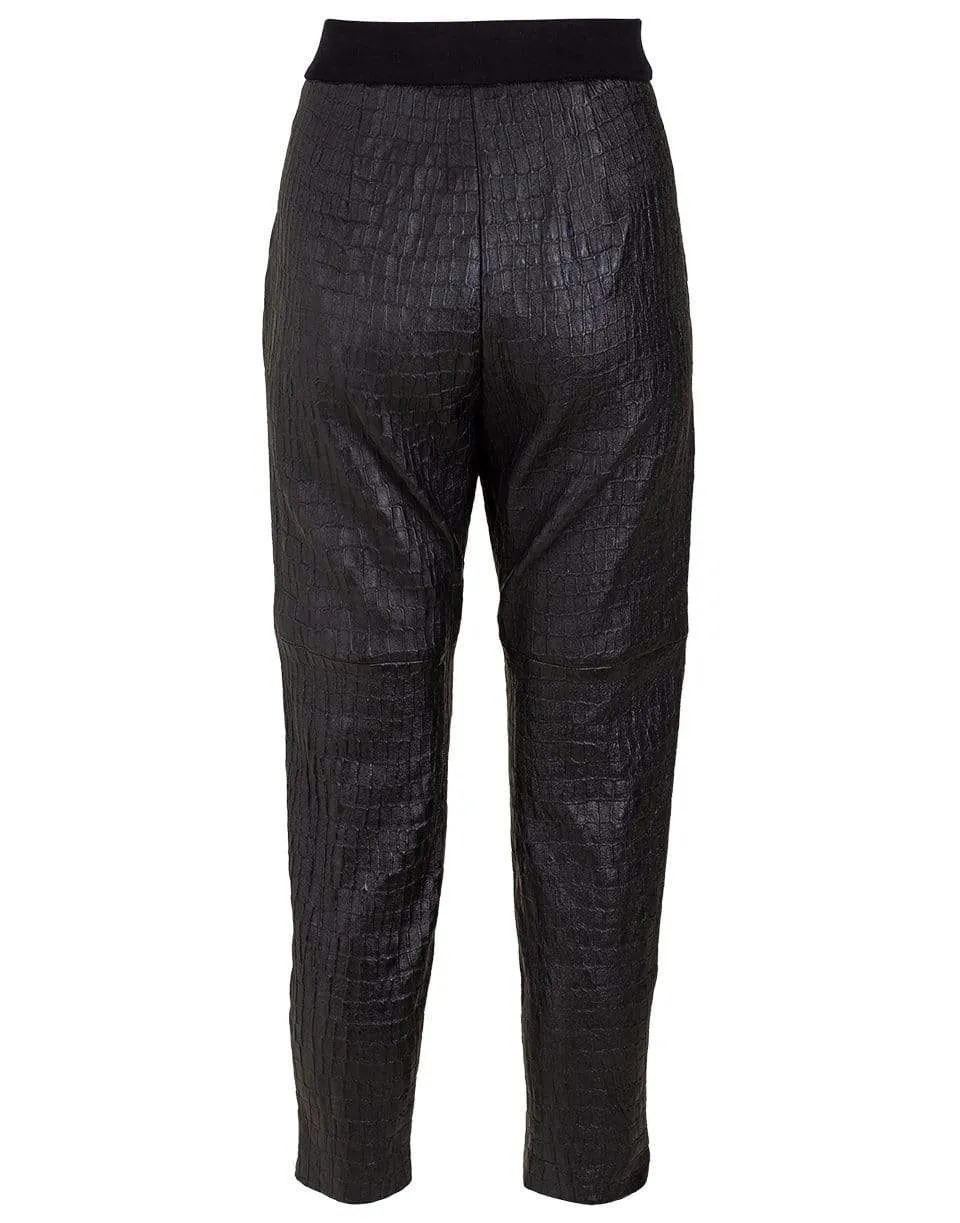 Black Cotton Waistband Embossed Leather Joggers
