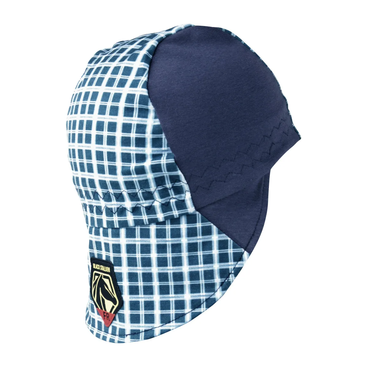 Black Stallion FR Cotton Welding Cap with Hidden Bill Extension, Blue Plaid - AH1730-BL