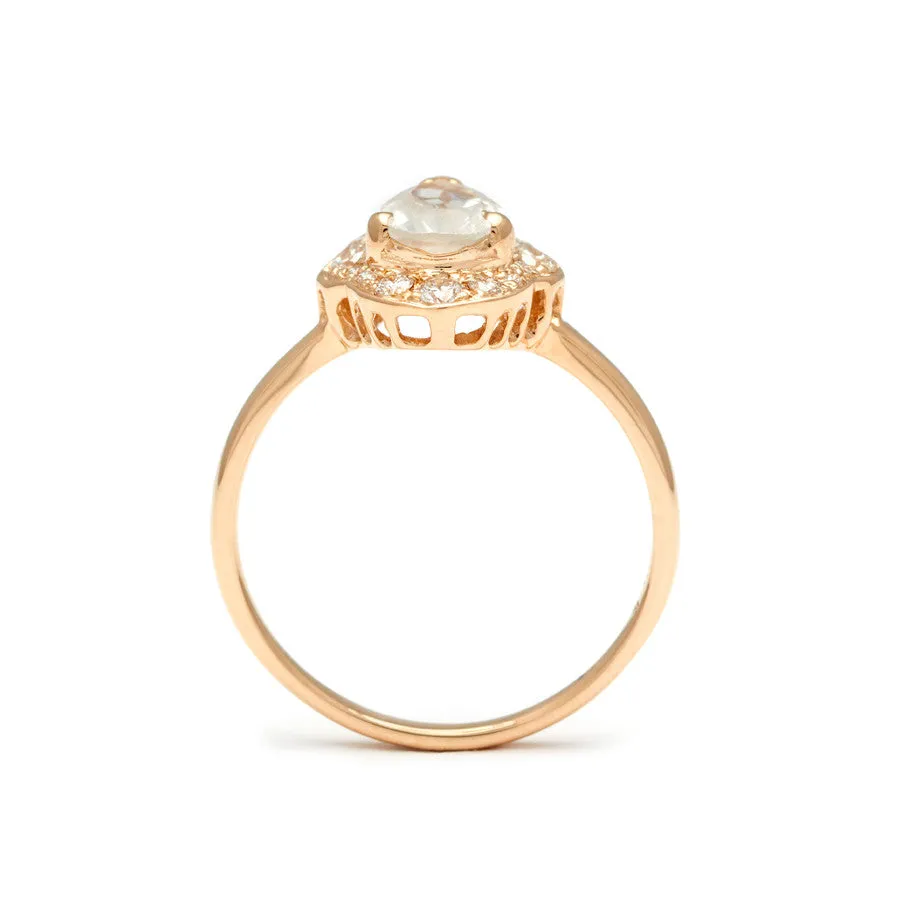 Camellia Petal Ring - Yellow Gold & Rainbow Moonstone (7x5mm)